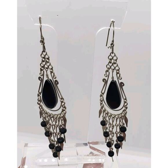 Vintage Silver Onyx Handmade Boho Southwest Native Dangle Drop Earrings - Picture 7 of 10